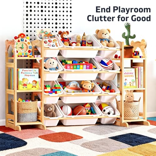 Wooden Toy Storage Organizer with 6 Shelves and 12 Bins for Playroom