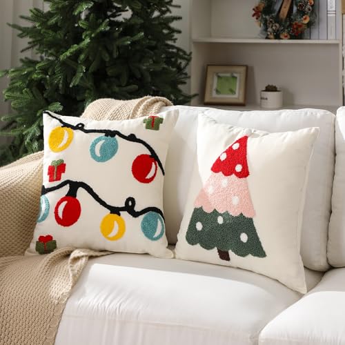 Beeveer 2 Pcs Christmas Jacquard Throw Pillow Covers 18 x 18 in - Tree & Lantern 3D Embroidery