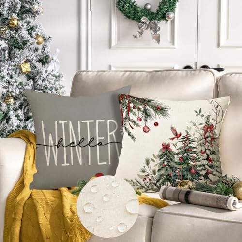 RABUSOFA Waterproof Christmas Pillow Covers 18x18 Inches Set of 4 Gray Outdoor Tree Decor