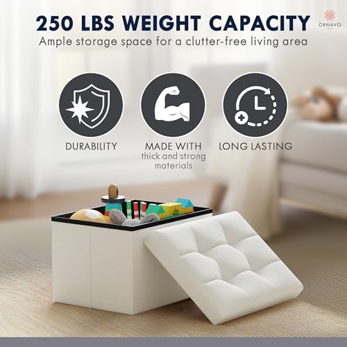 Small Storage Ottoman - Collapsible Linen Footrest Stool, White (12x16x12)