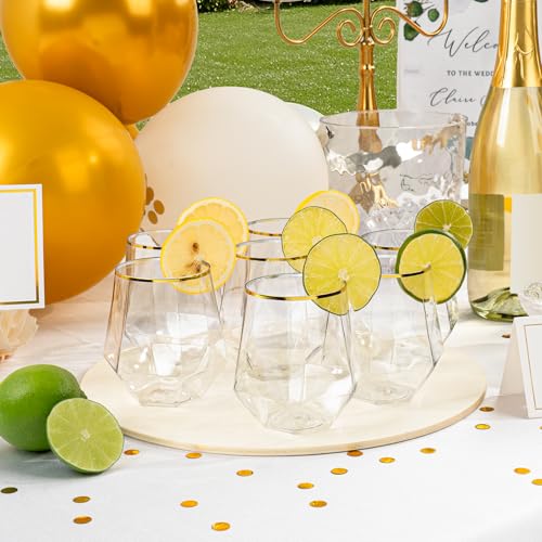 40PCS 12oz Disposable Stemless Plastic Wine Glasses with Gold Rim