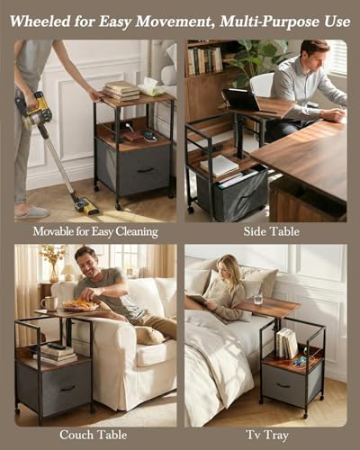 Swivel Top Nightstand with Charging Station and Fabric Drawer, Rolling Table