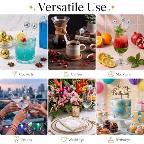 Sawysine 24 Pcs Transparent Disco Ball Cocktail Drink Stirrer with Mirror Design