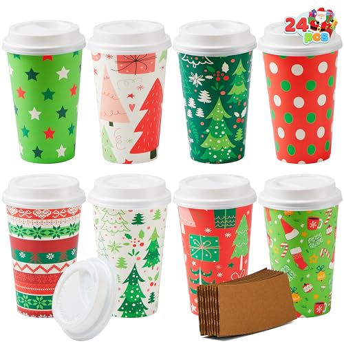 JOYIN Bright 24 Pack Christmas Disposable Paper Cups 16 oz with Lids & Sleeves