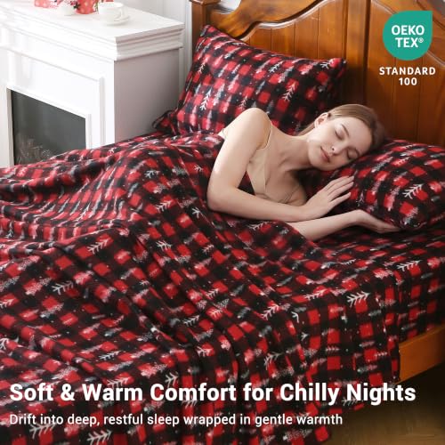 Viviland Christmas Tree Plaid Fleece Sheets Twin Set - Cozy Holiday Bedding, 3 Pieces