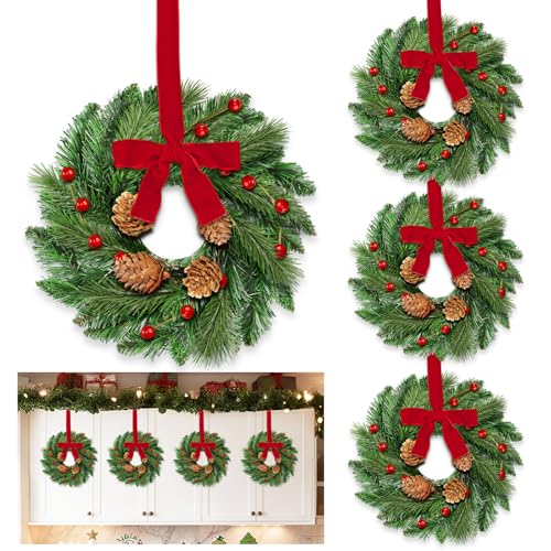 AMENON 4 Pcs Mini Christmas Wreaths for Kitchen Cabinets, Holiday Decor