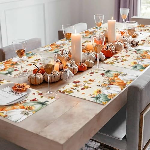 HELLOWINK Set of 6 Fall Pumpkin Placemats - Orange & Green Autumn Table Mats