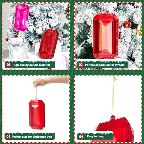 Syhood 9.5 Inch Red Rectangle Jewel Ornament for Christmas Tree, Festive Decor