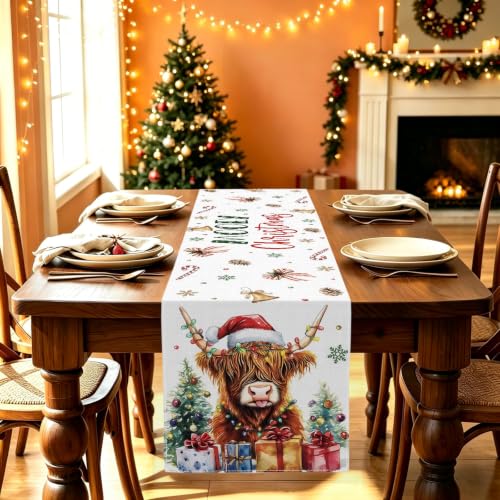 Hafangry Highland Cow Christmas Table Runner, 13 x 72in Polyester Linen-Look