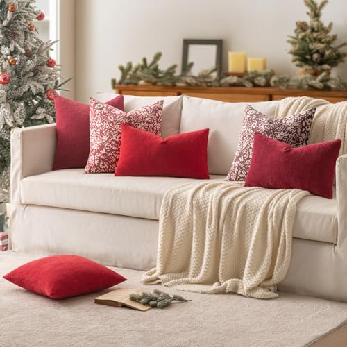 MIULEE Christmas Red Chenille Throw Pillow Covers 18x18 Pack of 2