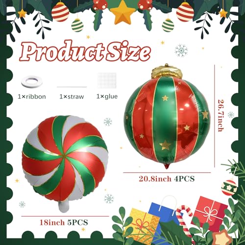 9PCS Christmas Foil Balloons Set - Ornament & Peppermint Candy Designs