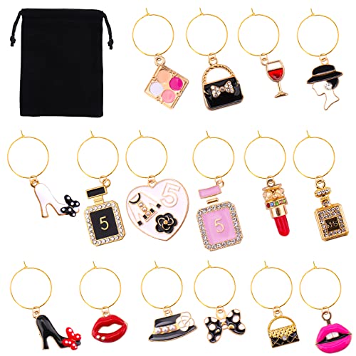 Ladies 16-Pack Wine Glass Charms Set - Gold Rings, Fun Drink Markers, Party Decor