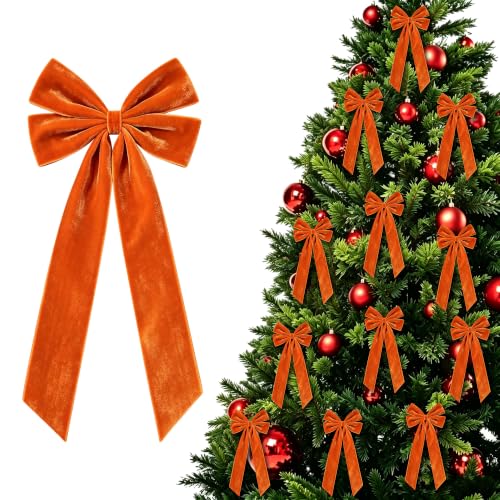 SiplyHaven 12 Pack Orange Velvet Christmas Bows - 5x10 Inch Pre-Tied Holiday Decor