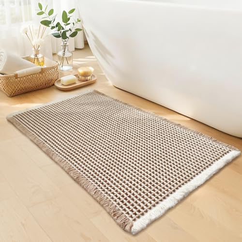 GRLYUH Waffle Bath Mat - 18" x 30" Non-Slip Quick Dry Boho Bathroom Rug