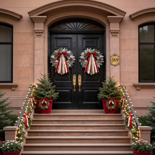 OXWIND Red Velvet Christmas Bow – 11in Wide, 28in Bow Head + 65cm Streamers, Wreath & Tree Decor Bundle (Christmas Ribbon with Bows)