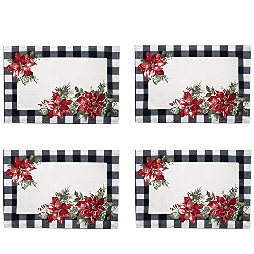 Newbridge Poinsettia Festivity Gingham Placemats Set of 4, Holiday Red
