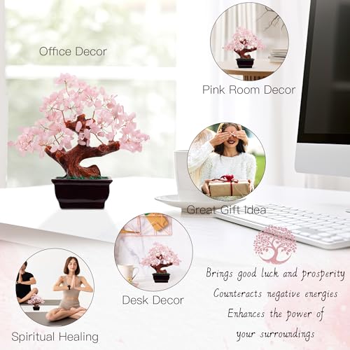 Pink Cherry Blossom Bonsai Tree Decor | Artificial Rose Quartz Tree for Feng Shui | Home & Office Accent
