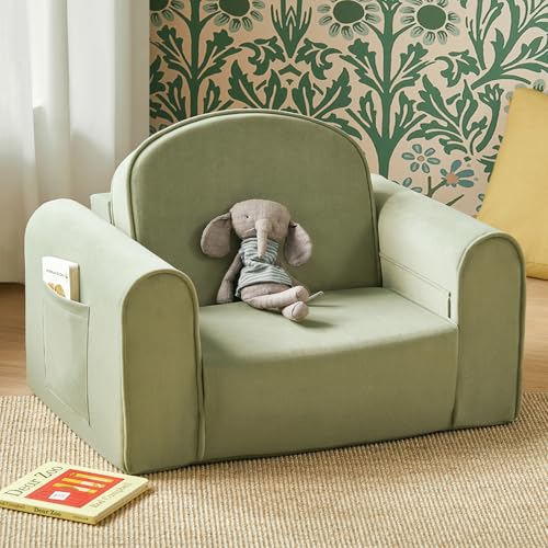 2-in-1 Foldable Kids Couch - Convertible Toddler Sofa Chair with Pocket, Green