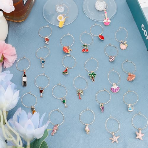 Beach Wine Glass Charms Set - 24 Drink Markers for Stem Glasses, Christmas & Party Favors
