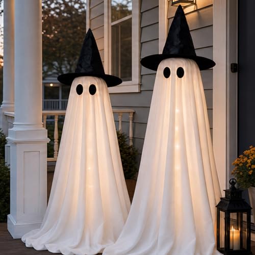 Yumiio Light Up Halloween Ghosts 2-Pack, Adjustable Height LED Decor