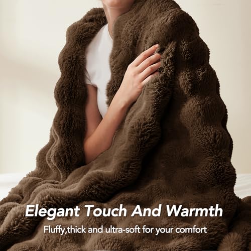 Faux Rabbit Fur Throw Blanket, 50x60 Inch Cocoa Brown Bubble Plush Throw