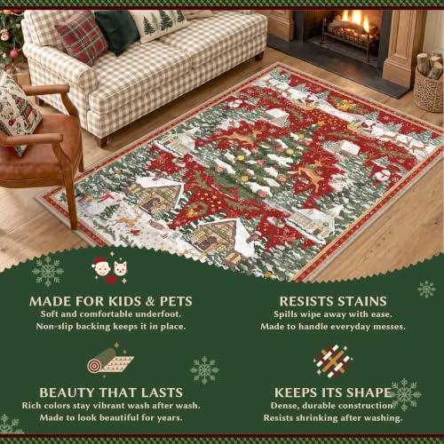 Olacotta Red 6x8 ft Christmas Tree Rug for Entryway - Washable Farmhouse Decor