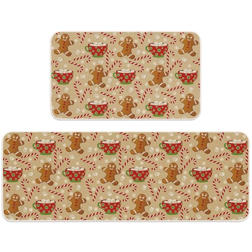 Brown 2-Piece Christmas Kitchen Floor Mats - Gingerbread & Candy Cane, Non-Slip Doormats