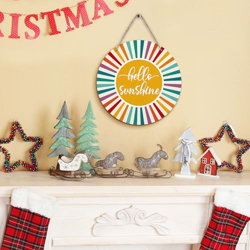 Boho Sunshine Round Wood Wall Sign, 12-Inch Mid-Century Sunray Door Plaque