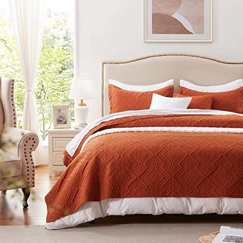 Lightweight Burnt Orange Queen Quilt Set - 3 Pieces, Soft Microfiber Bedspread, 90''x98''