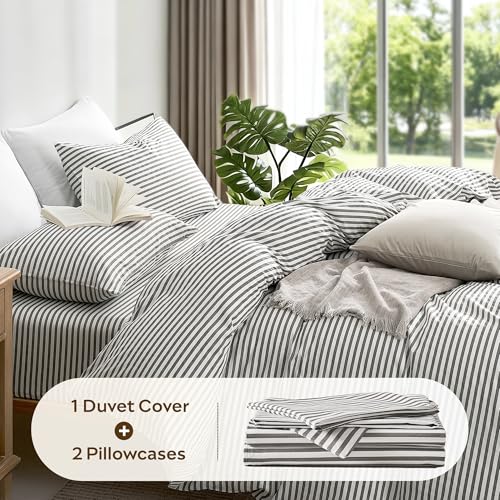 100% Cotton Queen Duvet Cover Set - Soft Grey Striped 3-Piece Bedding