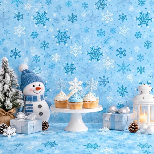 Light Blue Snowflake Christmas Tablecloth Roll 4.5 x 100 ft - Disposable Backdrop for Winter Party
