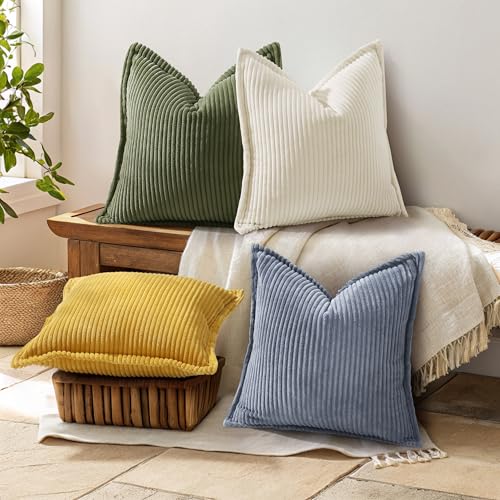 Olive Green Corduroy Throw Pillow Covers 18x18, Set of 2