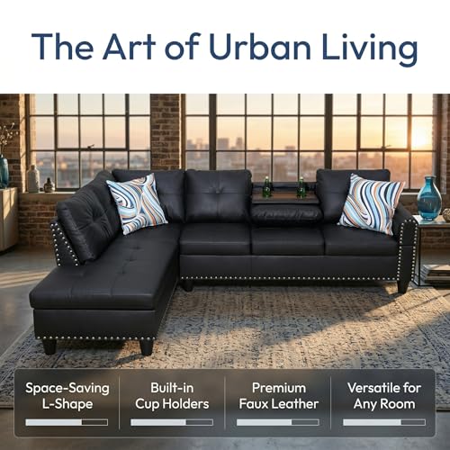 Modern L-Shaped Sectional Sofa with Cup Holders and Chaise, Black