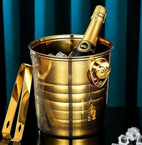 Pioplex Gold Stainless Steel Champagne & Wine Ice Bucket with Tongs, 3L Cooler for Parties