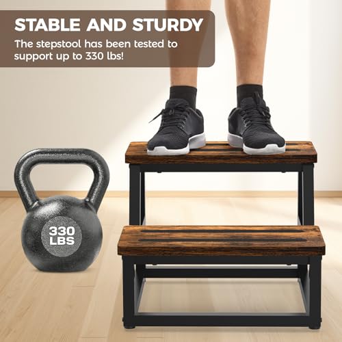2-Step Stool with Non-Slip Rubber Feet, Sturdy Steel & Wood Ladder for Home