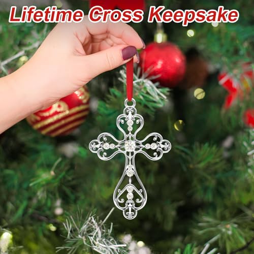 COCHIE Silver Christian Cross Ornament with Gift Box Christmas Religious Decorations