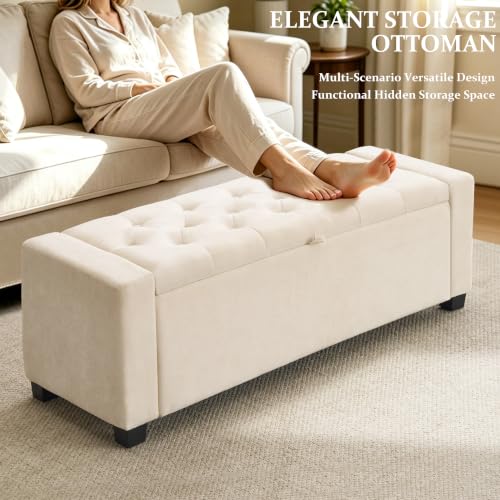 Tufted Linen Storage Bench Ottoman - Beige Upholstered Bedroom Seating