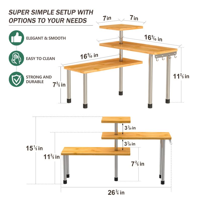 3-Tier Adjustable Bamboo Countertop Organizer with 4 Hooks for Kitchen & Bath