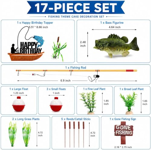 17-Piece Gone Fishing Cake Topper Set for Fisherman Birthday Parties