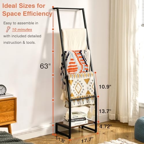 5-Tier Blanket Ladder Shelf, Rustic Wood and Metal Towel Rack for Living Room