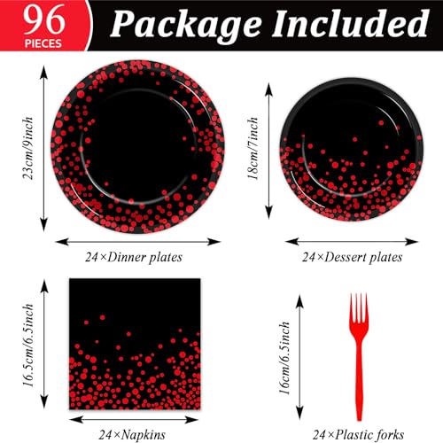96-Piece Black and Red Disposable Party Tableware Set for 24 Guests