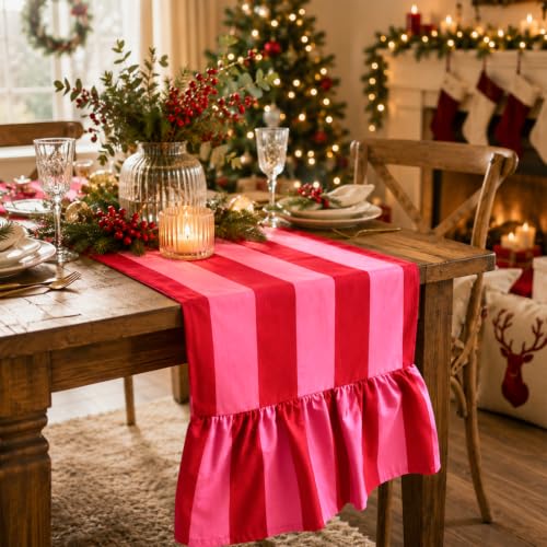 JarThenaAMCS Ruffled Table Runner Red Pink Stripes 13x118 Inch - Home Decor