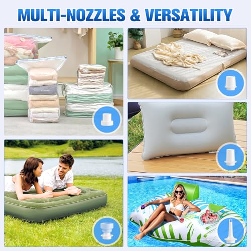 Portable Air Pump for Inflatables - Ultra-Fast Rechargeable Inflator with 5 Nozzles