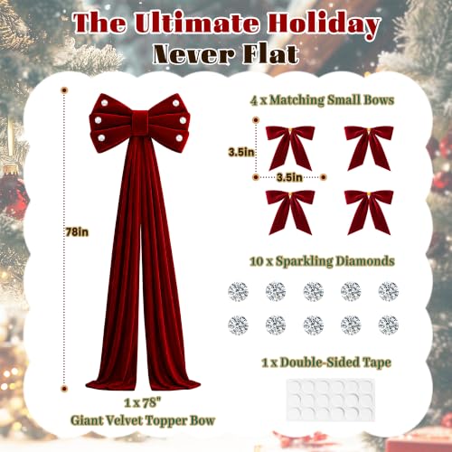 Giant 78-Inch Red Velvet Christmas Bow with 4 Mini Bows & Rhinestones