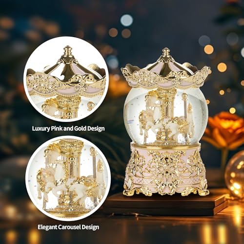 Carousel Musical Snow Globe Princess Unicorn Light Pink Music Box Gift for Girls Women Kids