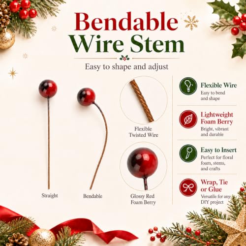 150 Pcs Artificial Holly Berries for Christmas Decor - Red Foam Stems for Wreaths, Tables & DIY Projects