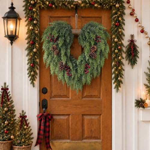 Artificial Heart-Shaped Cedar Wreath for Front Door Decoration - 21 Inch