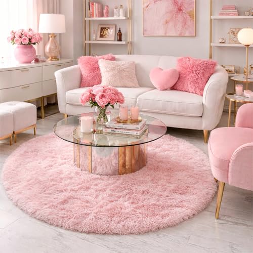 Pink Round Fluffy Area Rug 4ft - Soft Non-Slip Plush Shag Nursery Carpet