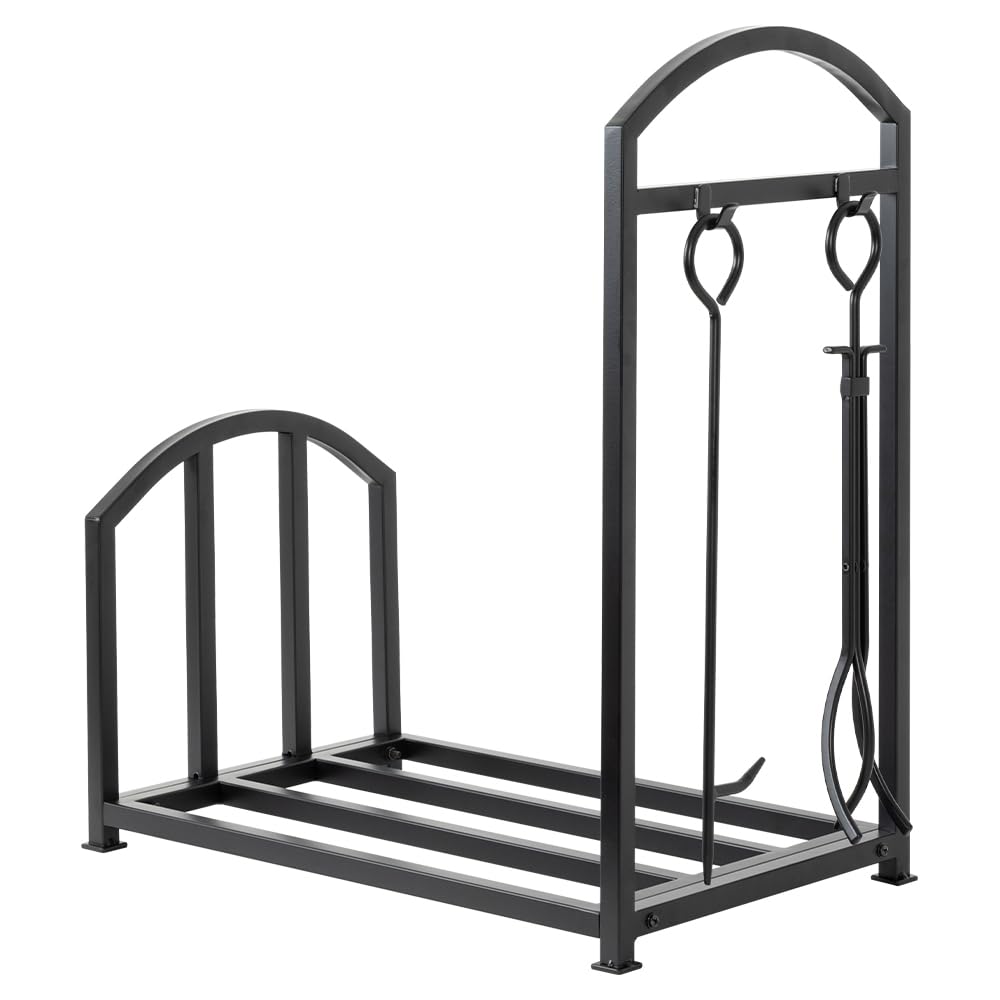 Country Living Bishop Creek 24 Inch Metal Indoor Firewood Log Holder with Log Poker and Tongs - Securely Holds 15+ Cut Logs