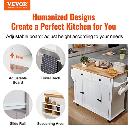 35.4" Rolling Kitchen Island Cart with Solid Wood Top & Storage, White
